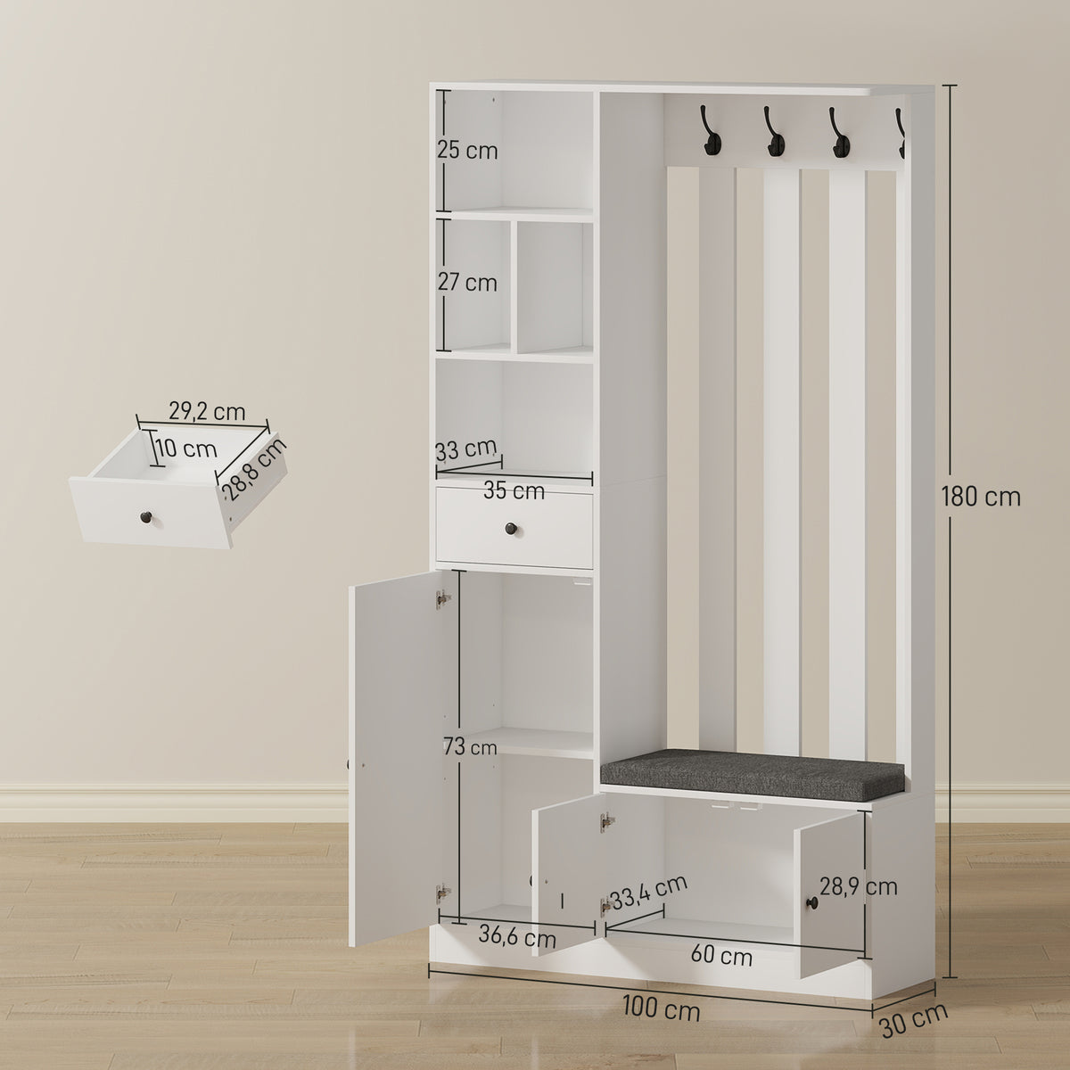 180 cm Garderobenschrank mit Kleiderständer, Schuhbank, 4 Haken, offene Ablageflächen, MDF, Weiß