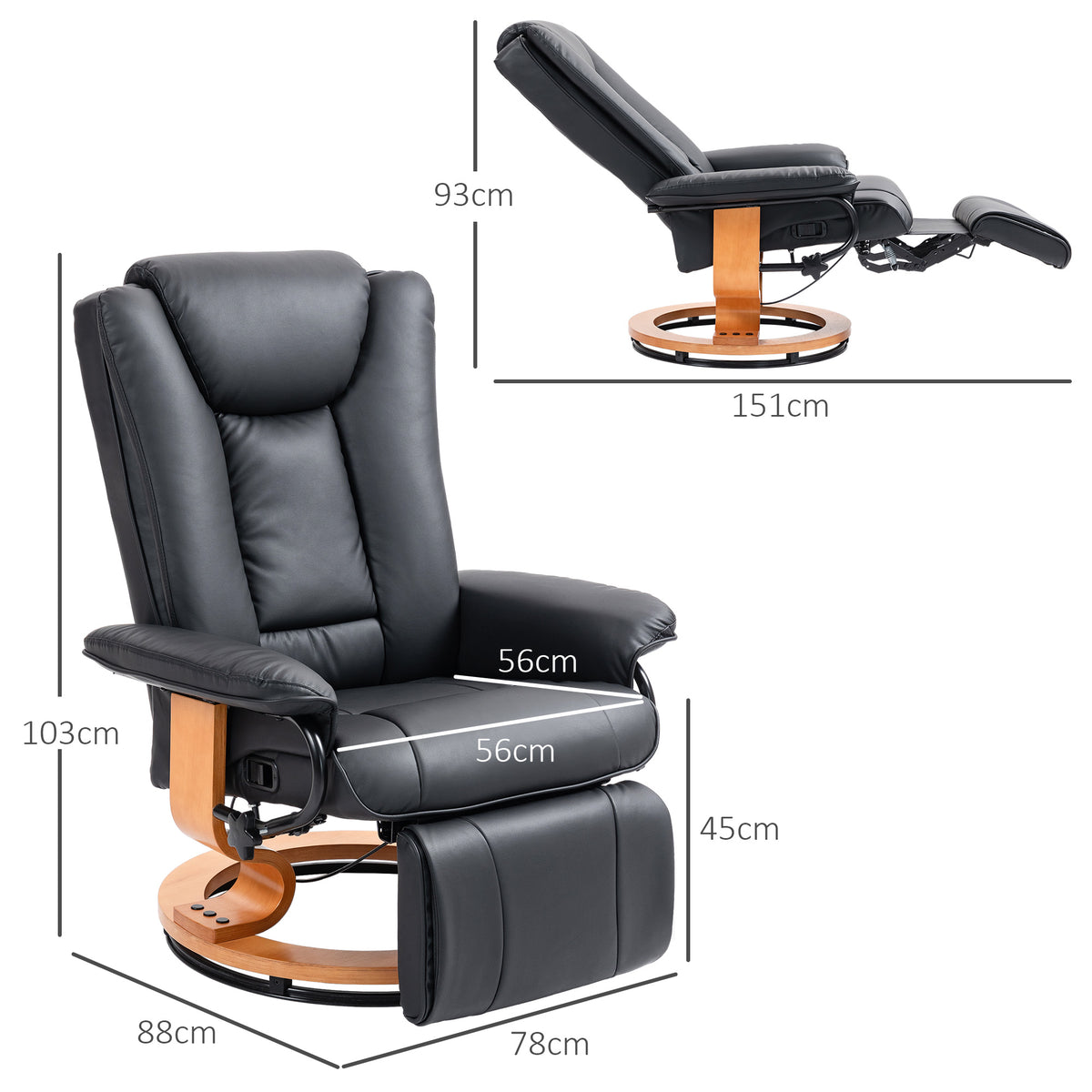 Relaxsessel mit Liegefunktion, drehbar, bis 150 kg, Kunstlederbezug, Stahlrahmen, Schwarz