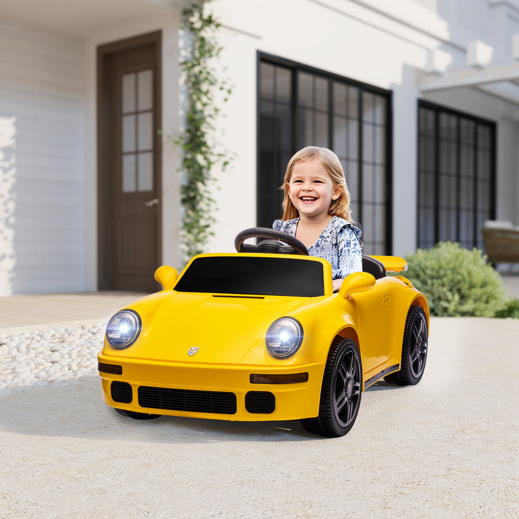 Kinder-Elektroauto, 12V Kinderauto mit Fernbedienung, sanfter Start, MP3-Player, LED-Lichter, Hupe, Energieanzeige, Gelb