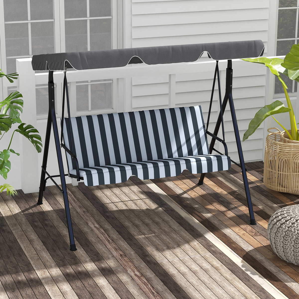 Three-Seater Garden Swing Chair, with Adjustable Canopy - Grey Stripe