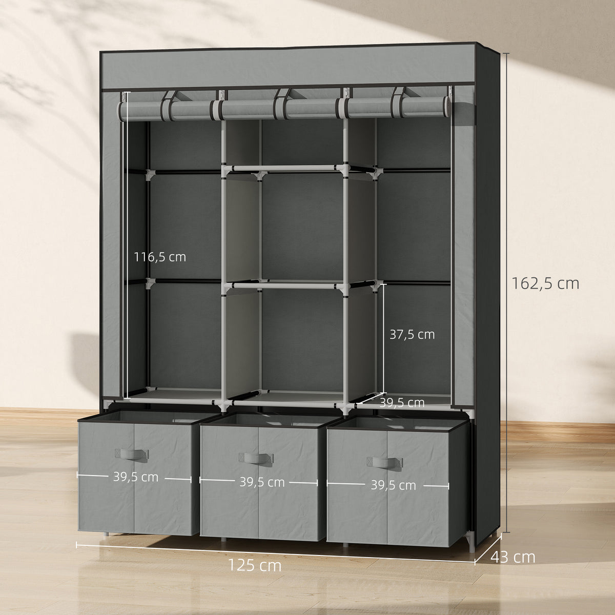 Stoffschrank aus Vlies, Faltschrank, inkl. 3 Schubladen, 125 cm x 43 cm x 162,5 cm, Hellgrau