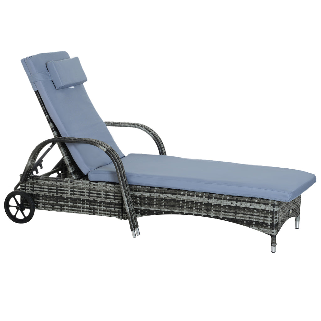 Gartenliege mit Auflage, verstellbare Rückenlehne, Metallgestell, Polyrattan, grau, 200 x 73 x 103 cm