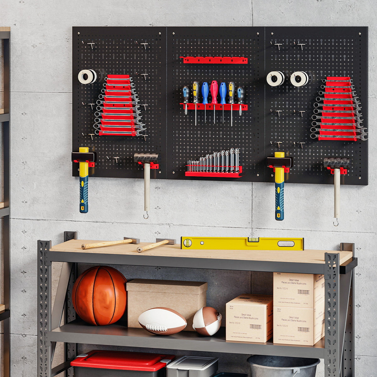 28 Pcs Wall-Mounted Pegboard with 3 Boards, Garage Tool Storage Unit Black and Red