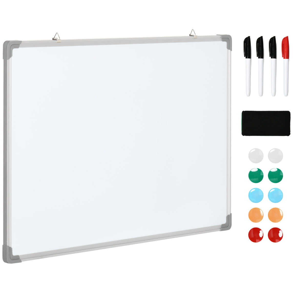 Whiteboard, Magnettafel, Notiztafel, inklusive Zubehör, 4 Stifte, 1 Schwamm, 10 Magnete, Weiß + Silber