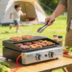 Gasgrill 5 KW Tragbarer Tischgrill mit 2 Brenner Keramische Lackbeschichtung Grillrost Warmhalterost