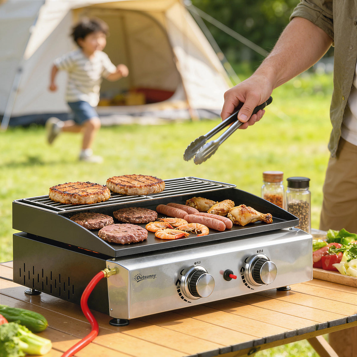 Gasgrill 5 KW Tragbarer Tischgrill mit 2 Brenner Keramische Lackbeschichtung Grillrost Warmhalterost