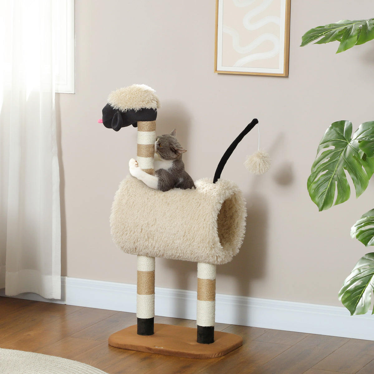 Katzenbaum im Schaf-Design, mit Kratzpfosten, Tunnel und Spielzeug, 98 cm, Hellbraun