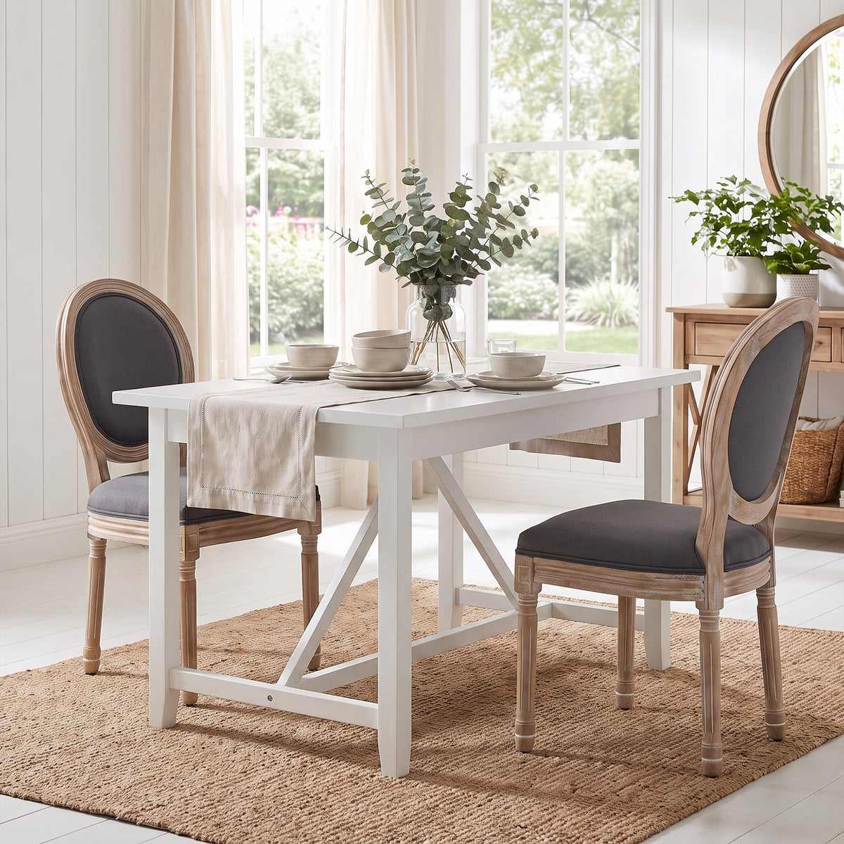 Esszimmerstühle 2er Set Küchenstuhl mit Rückenlehne, Leinenoptik für Esstisch, Grau+Natur