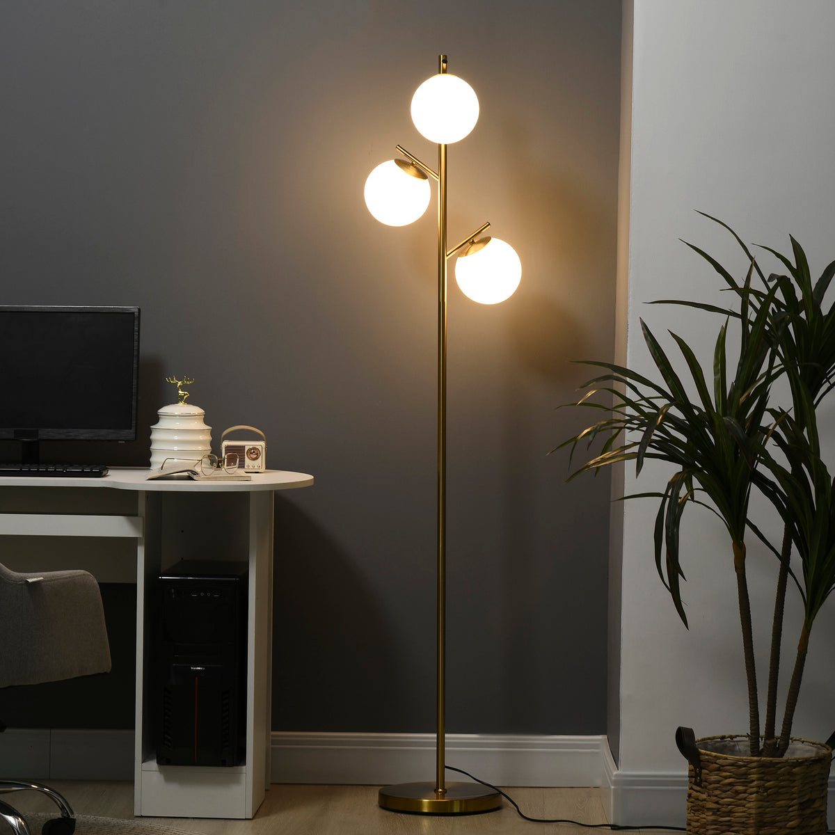 Stehleuchte im Retro-Design, Stehlampe, Stehlampe mit 3 Lampenschirmen, Glas, Gold