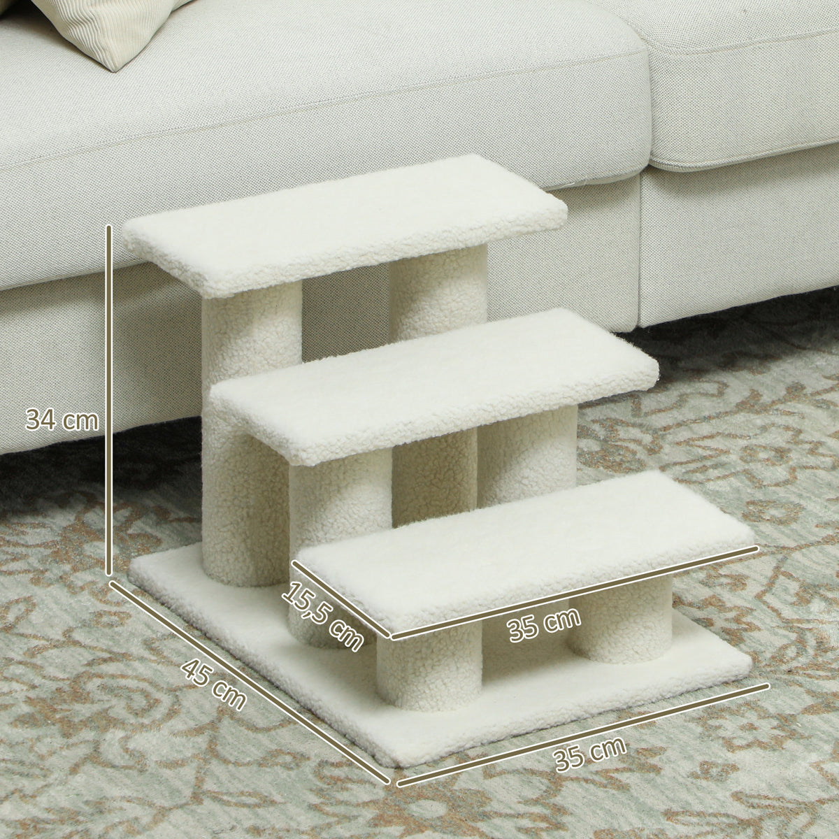 Katzentreppe 3 Stufen Tiertreppe Treppe für Katze Haustiertreppe Plüsch 45 x 35 x 34 cm cm Beige