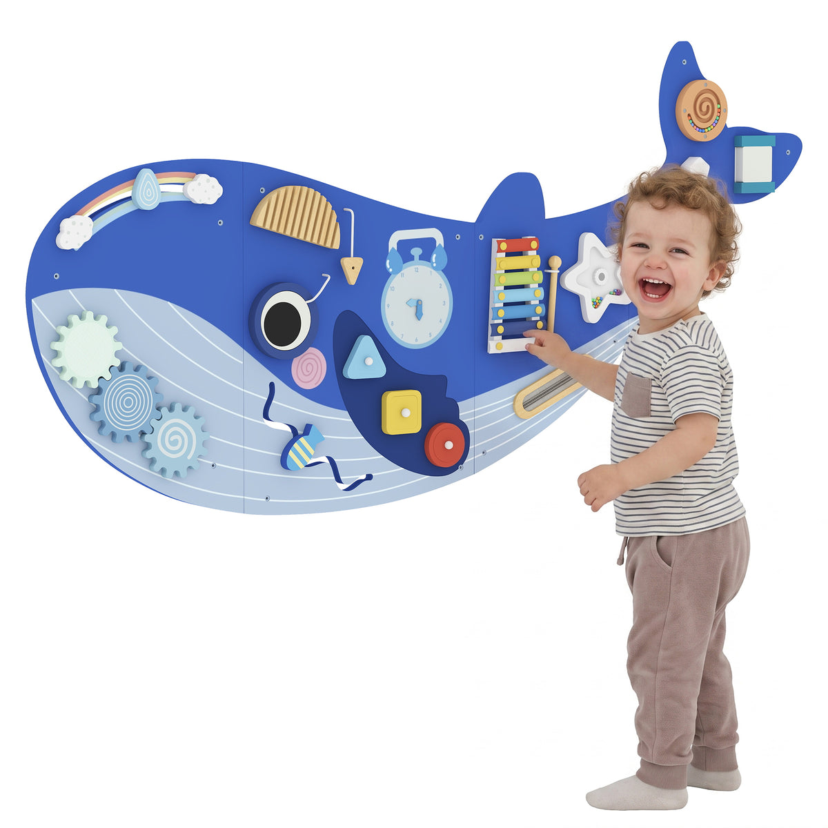 Whale Activity Wall Busy Board, 13 in 1 Montessori Inspired Sensory Wall Panel for Playroom Nursery Boys Girls 2+, Blue