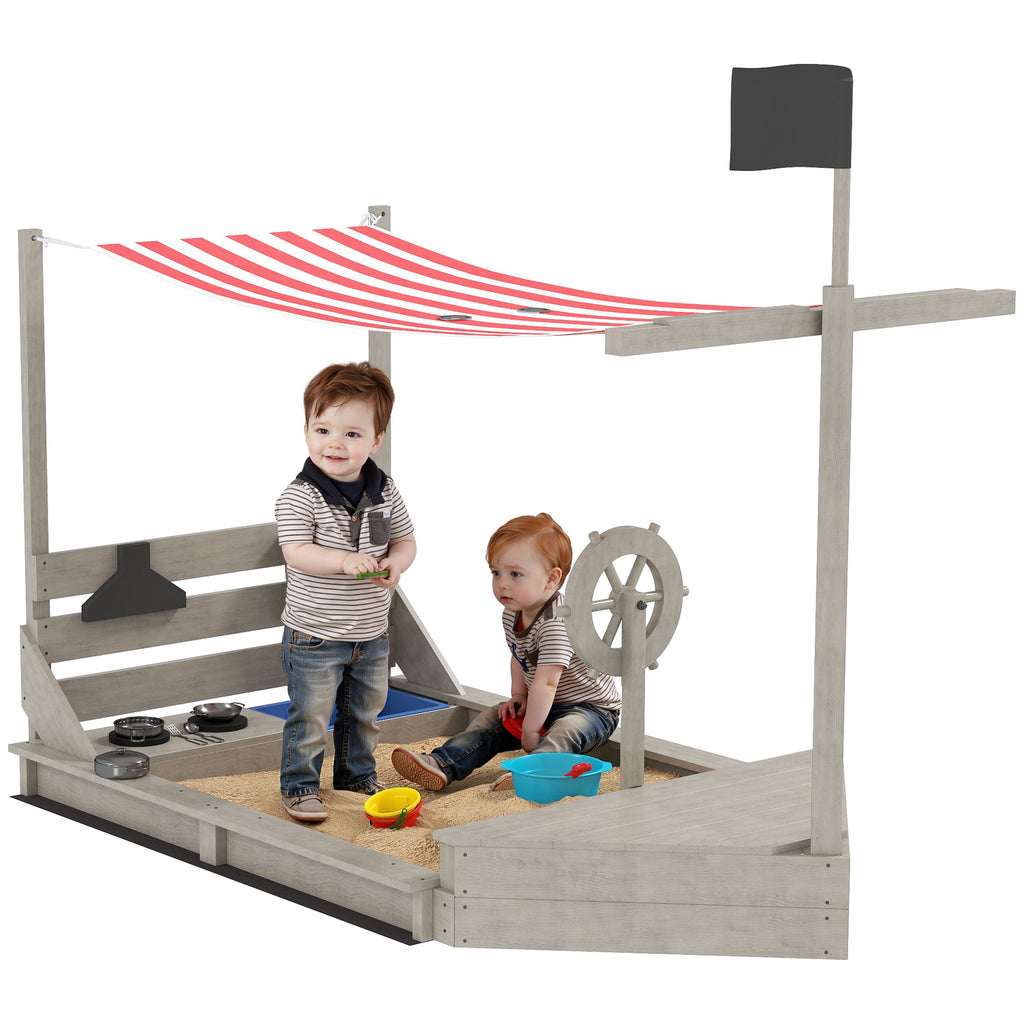 Sandkasten mit Sonnendach Piratenschiff, inkl. Kinderküchenspielset, Massivholz, 180 x 103 x 144,5 cm, Grau