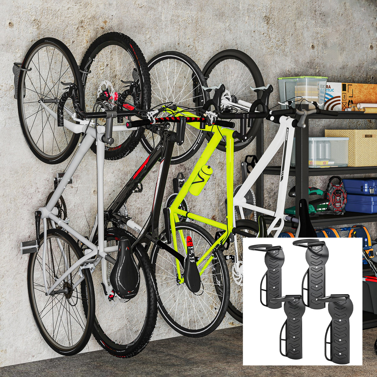 4er Set Fahrrad Wandhalterung Vertikal mit 30 kg Tragkraft klappbar für 4 Fahrräder Schwarz