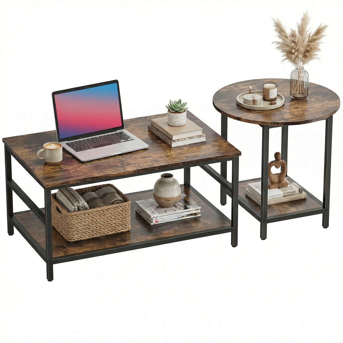Couchtisch-Set, 2-teilig, rechteckiger und runder Tisch mit 2-stufigem Stauraum, für Wohnzimmer, Rustikal-Braun