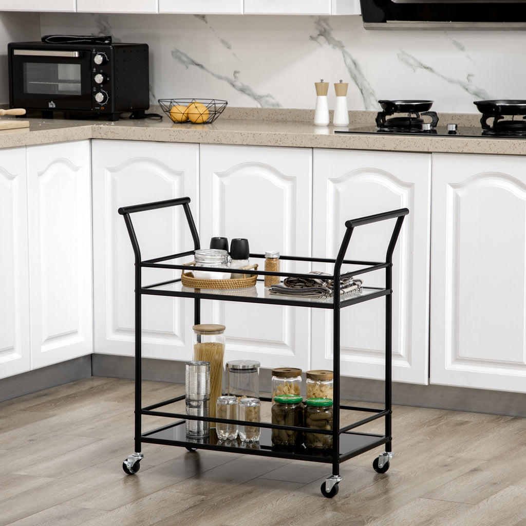 K¨¹chenwagen mit 4 Rollen, 2 Ablagen und Griffen, 75 cm x 40 cm x 80 cm, Schwarz