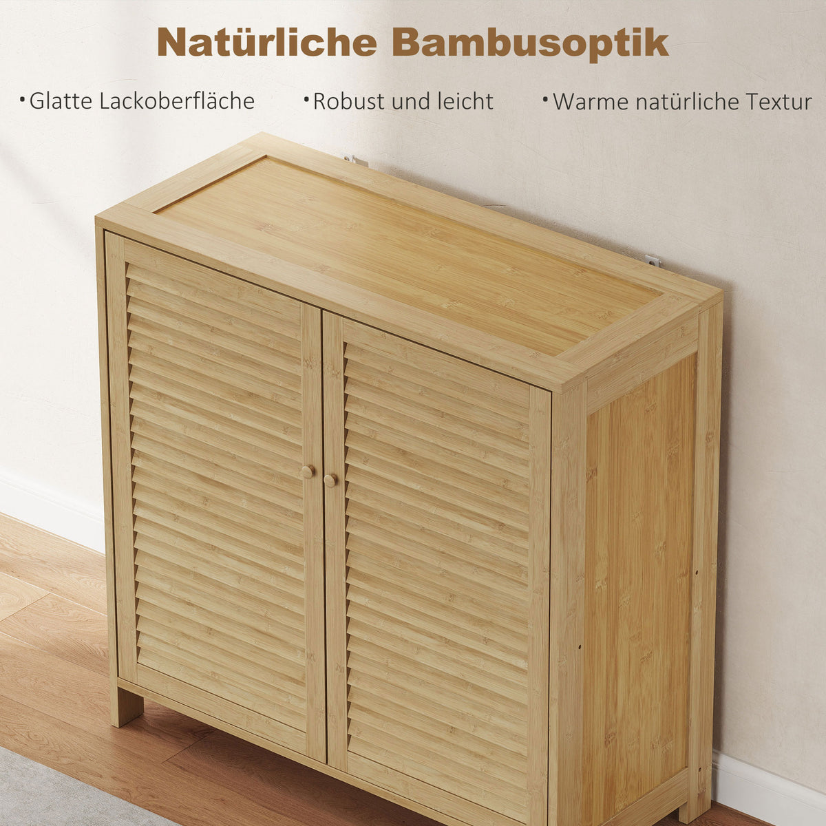Bamboo Shoe Cabinet with Louvered Doors, 14 Pairs Shoe Storage Cabinet with Adjustable Shelves for Hallway, Natural