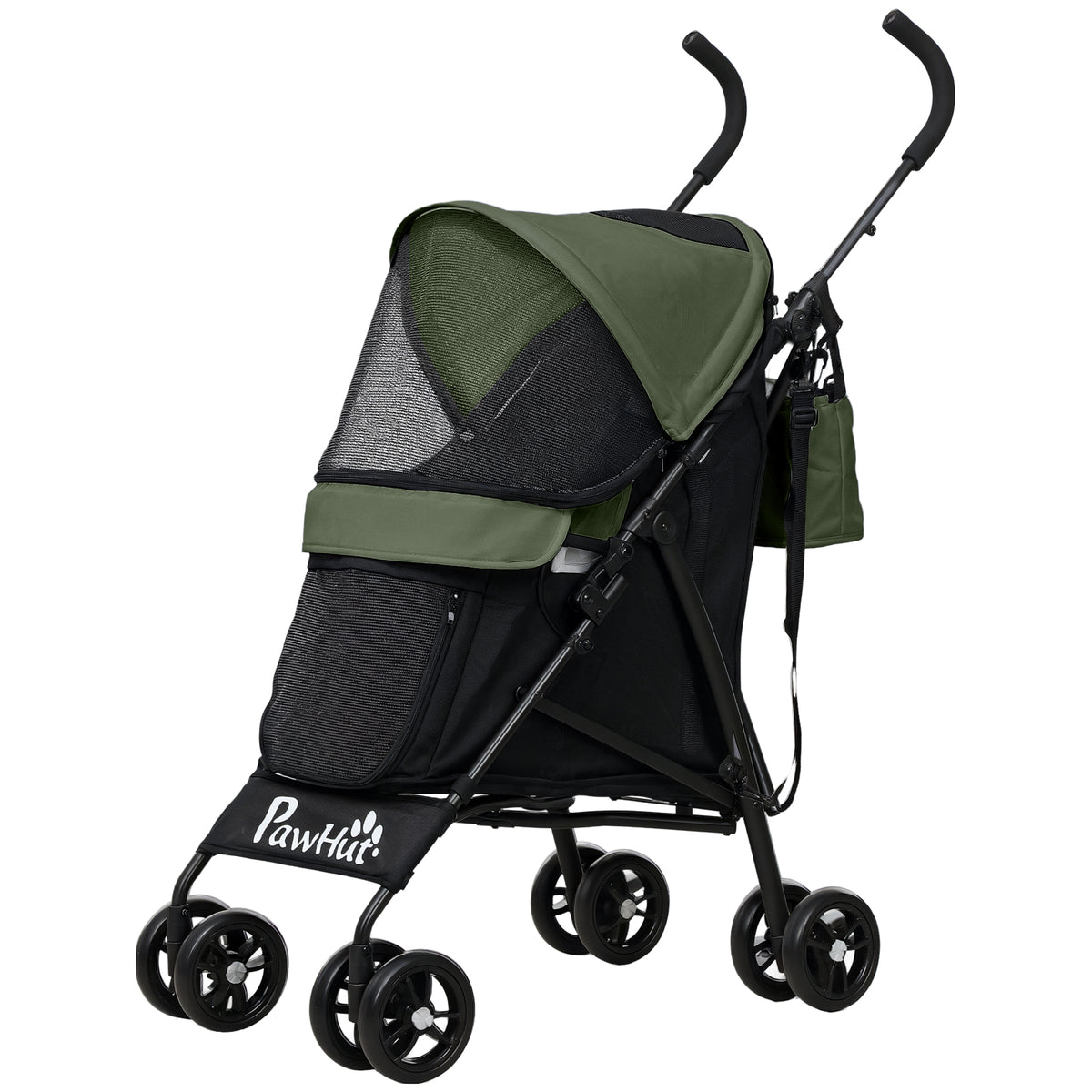 Foldable Dog Stroller, Lightweight Dog Pram w/ Shoulder Strap, Storage Bag, Cup Holder, Dark Green