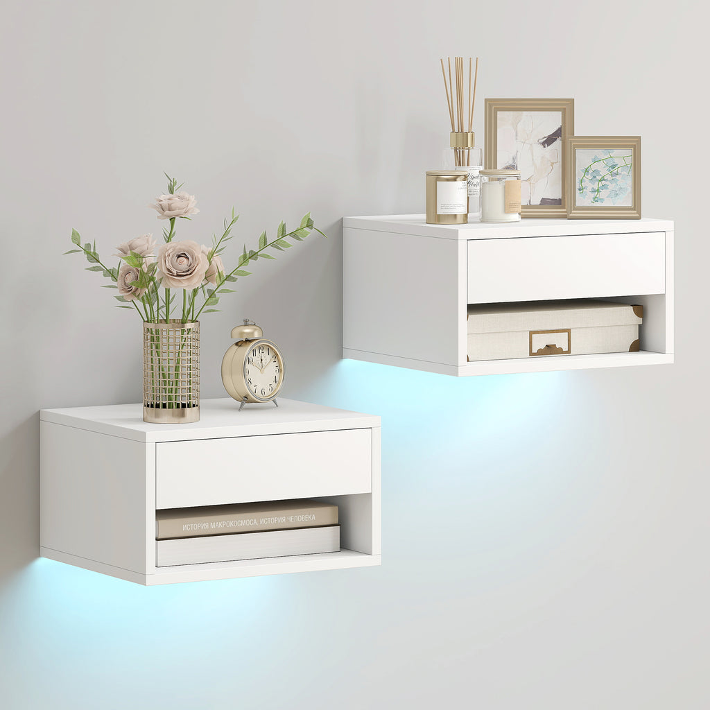 Nachttisch 2er-Set mit RGB-LED-Beleuchtung, schwebender Nachtschrank mit Schublade und offenem Fach, Weiß