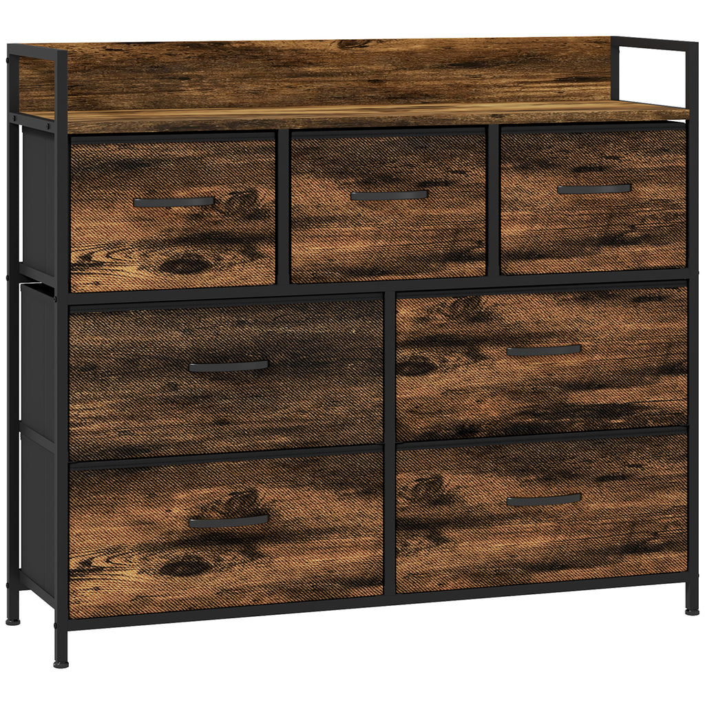 Kommode, Sideboard mit 7 Stoffschubladen, Industrial Design, Stahlrahmen, 98x29x85cm, Braun/Schwarz