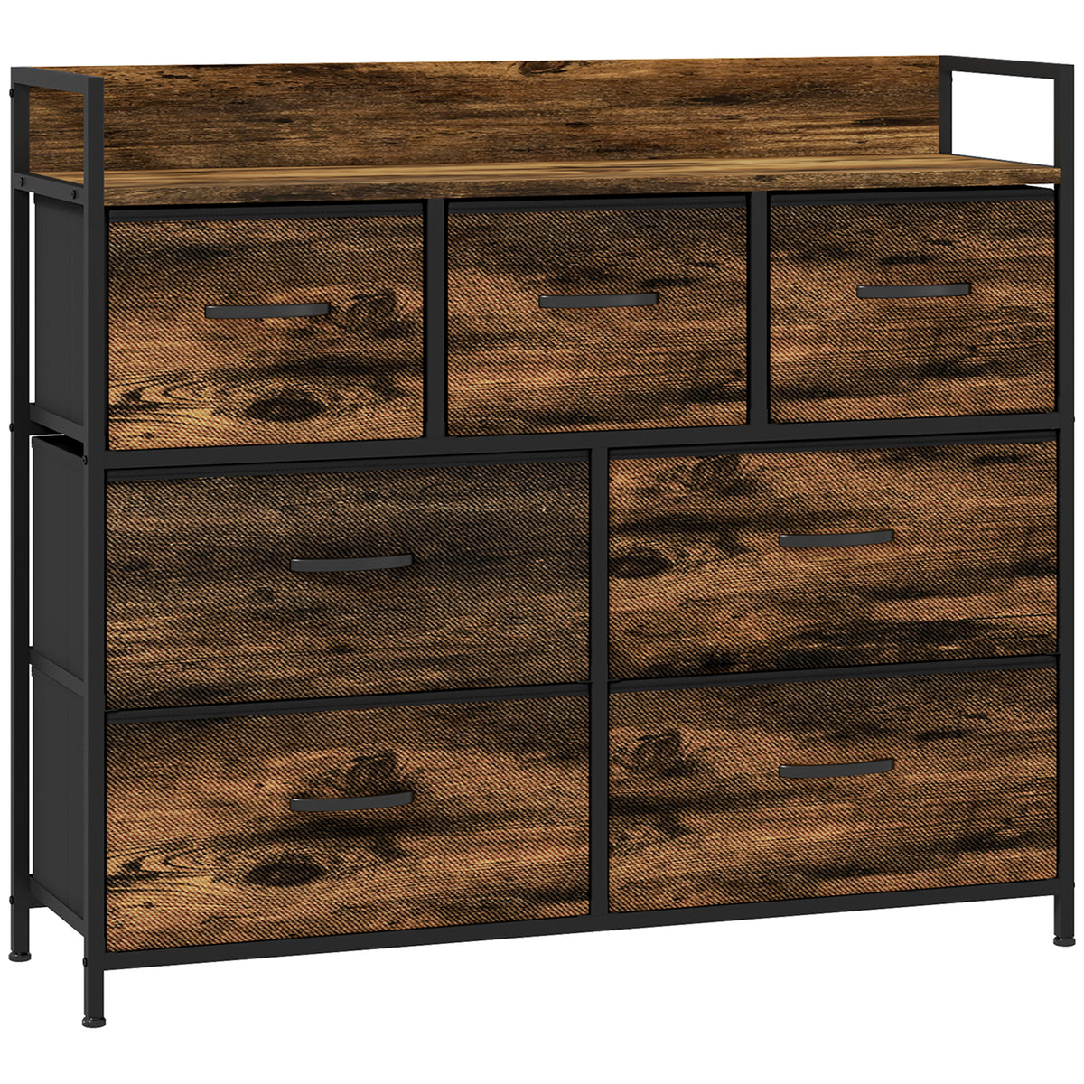 Kommode, Sideboard mit 7 Stoffschubladen, Industrial Design, Stahlrahmen, 98x29x85cm, Braun/Schwarz