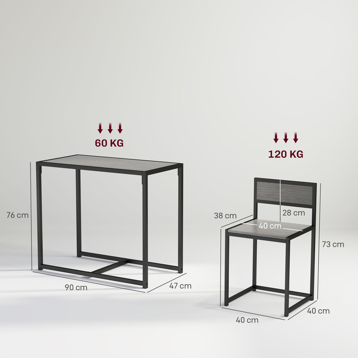 3-teiliges Bartisch-Set Hochtisch-Set 3-teilig, 2 Stühle, 1 Tisch, 90 cm x 47 cm x 76 cm, Grau