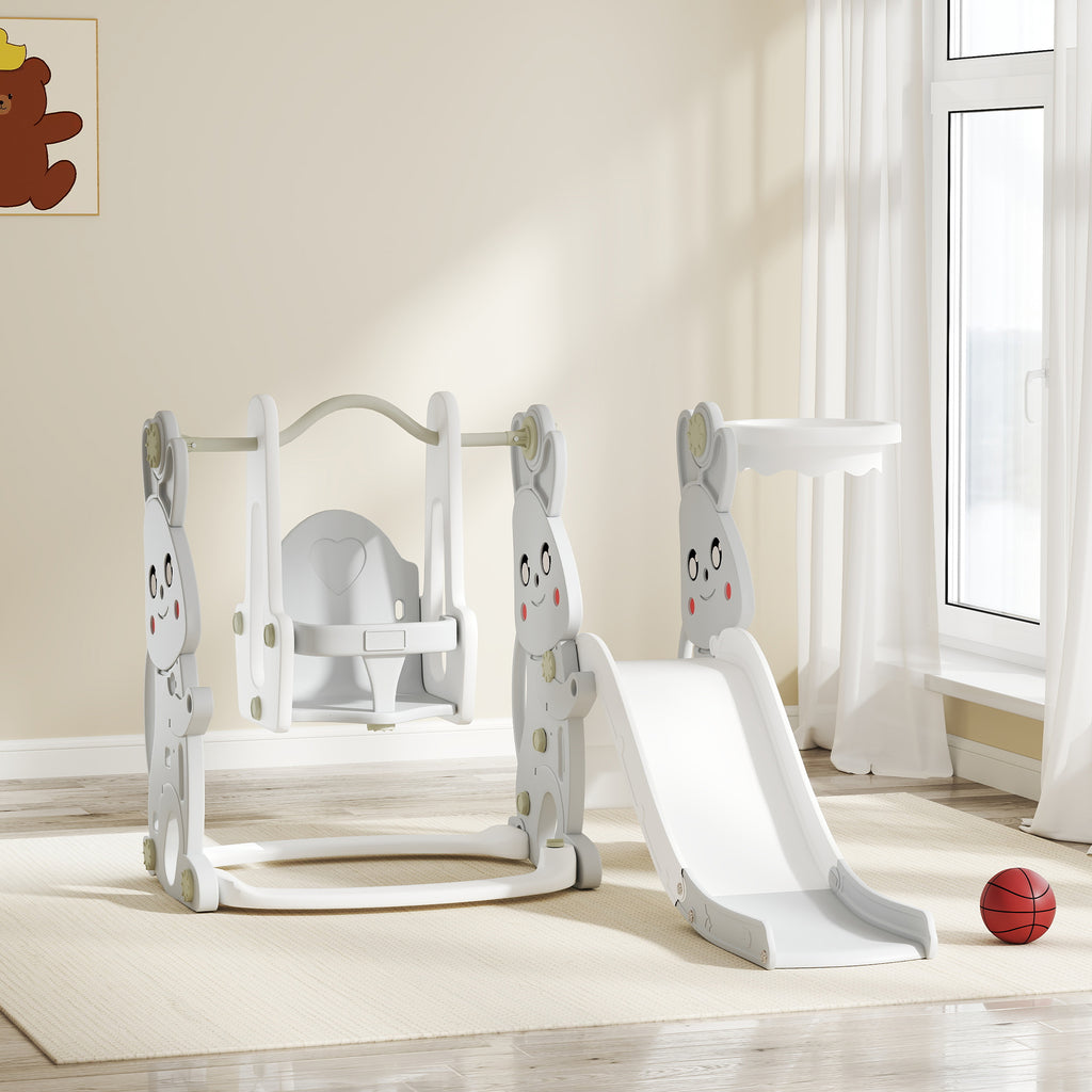 4-in-1 Spielset f¨¹r Kleinkinder, Rutsche, Schaukel, Kletterger¨¹st, Basketballkorb, Kunststoff, Hasendesign, Grau