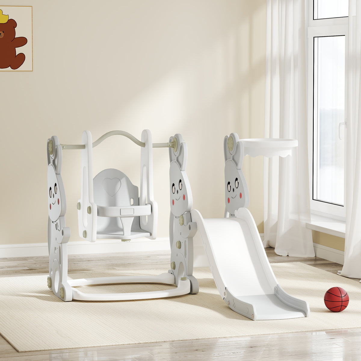 4-in-1 Spielset f¨¹r Kleinkinder, Rutsche, Schaukel, Kletterger¨¹st, Basketballkorb, Kunststoff, Hasendesign, Grau