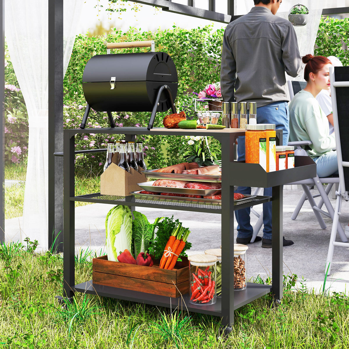 Outdoor-Kücheninsel, Grillwagen mit Aufbewahrungsregal, Griff, 4 Rollen, Küchenwagen, Terrasse, Garten, Metall, Schwarz