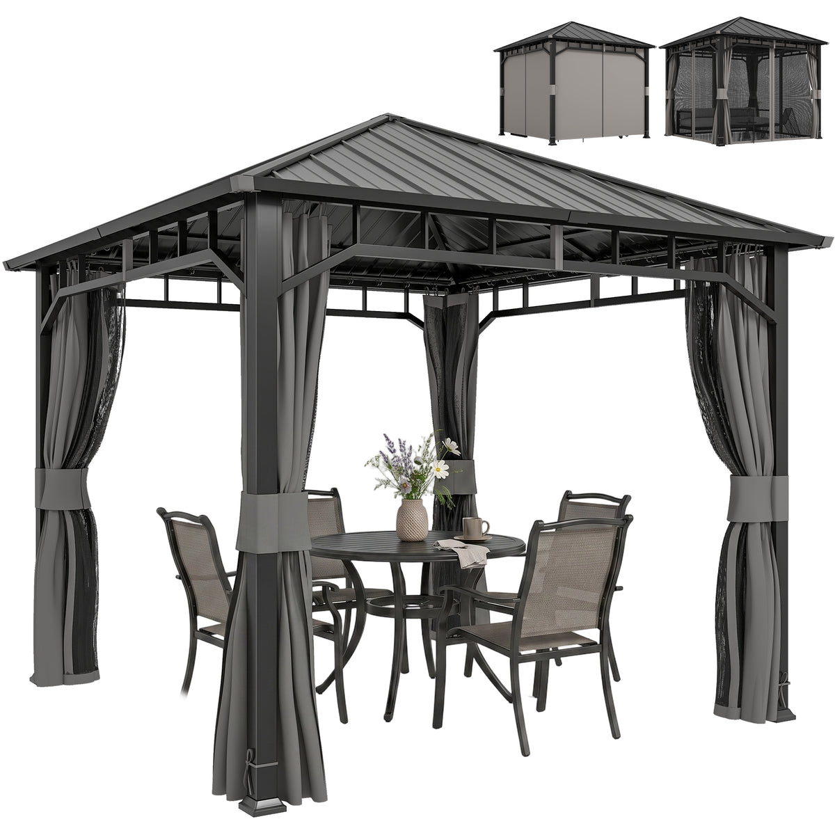 Pavillon 3 x 3 m Wasserdicht Stabil Winterfest Gartenpavillon mit Seitenteile, Netze, Haken Hardtop Dunkelgrau