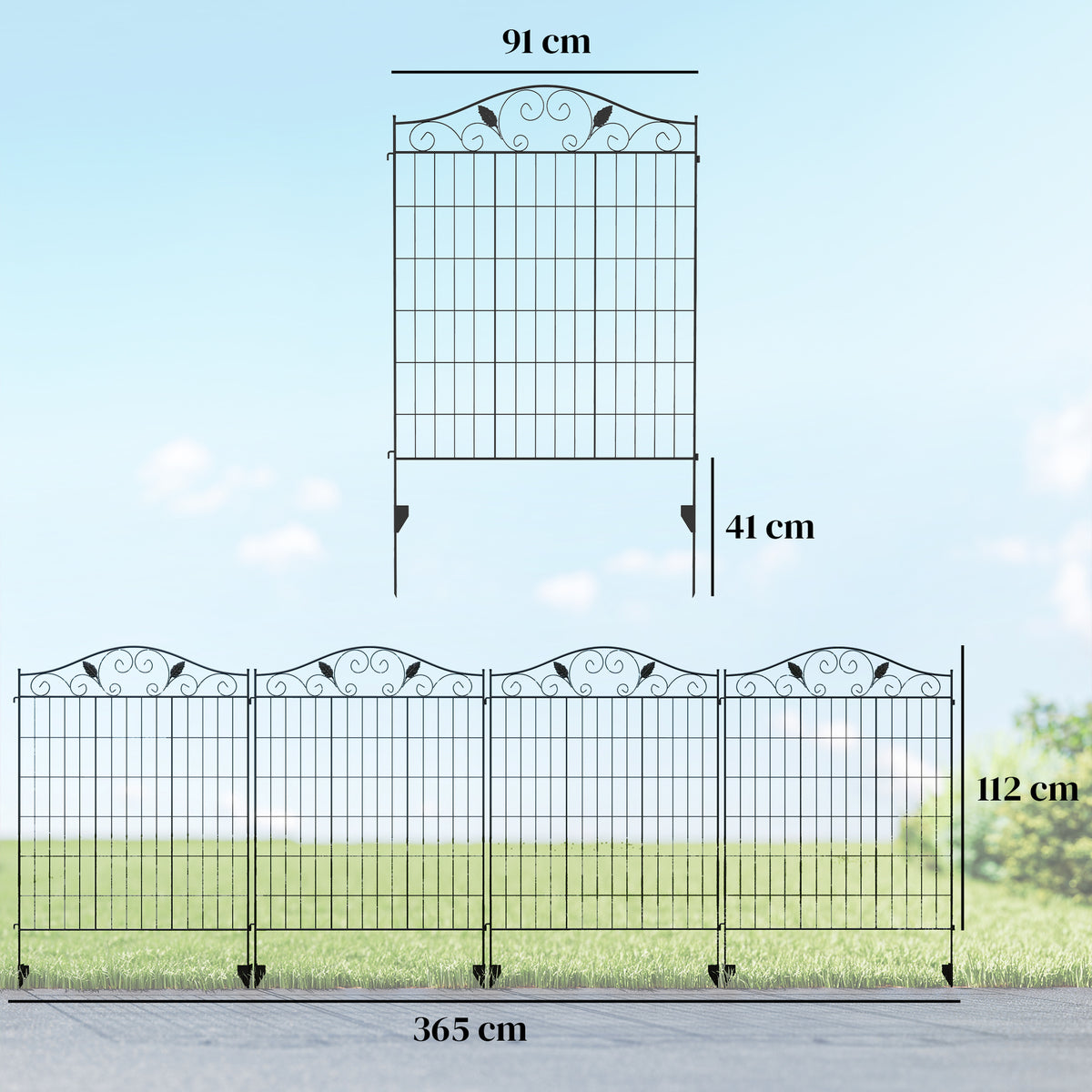 Decorative Garden Fence, 4 Panels 365cm(L) x 112cm(H) Metal Wire Garden Fencing Panels Landscape Border Edging