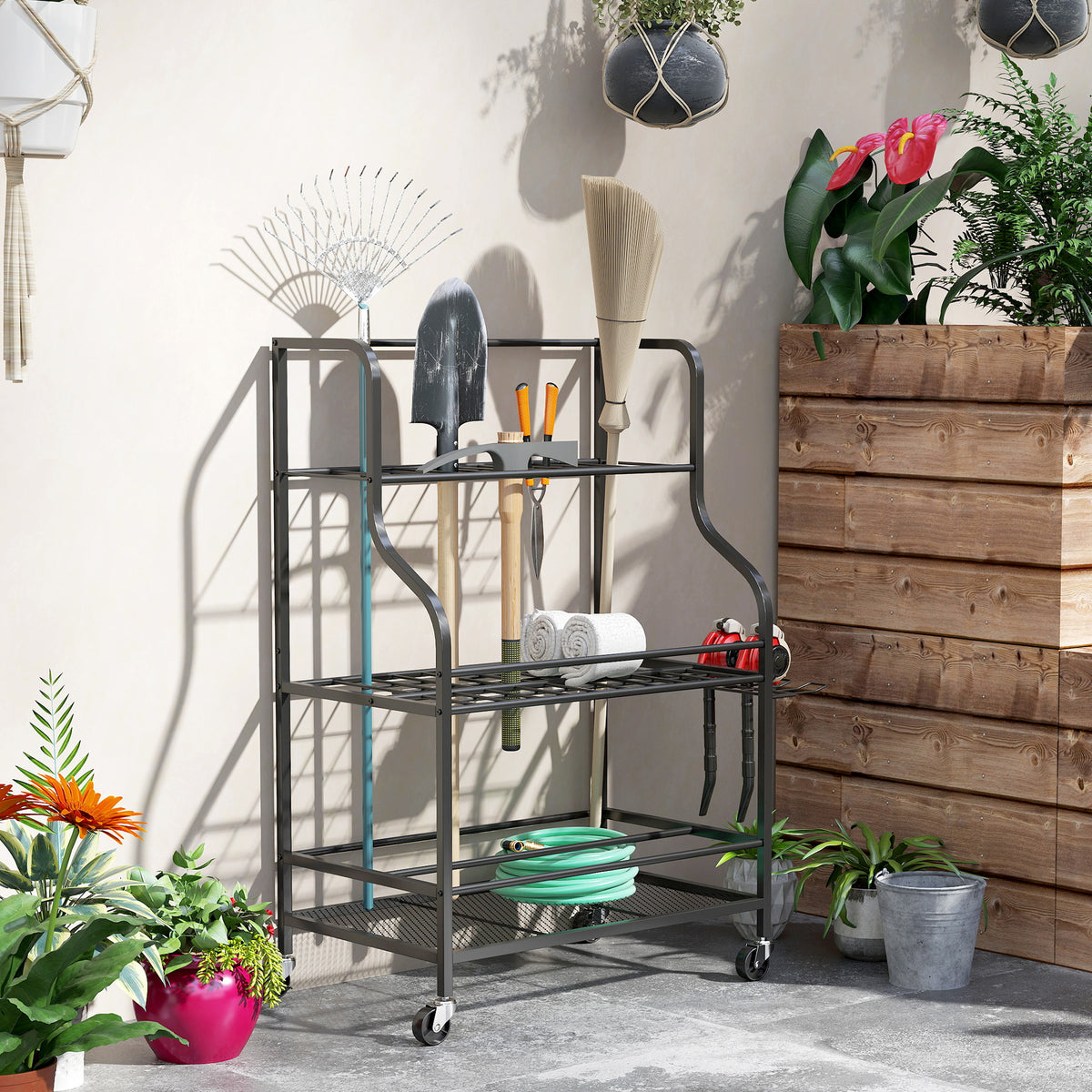 Gartenwerkzeug-Organizer 3-stufig Gartenger?te St?nder mit Haken bis 40 kg belast 77x40x97cm Schwarz