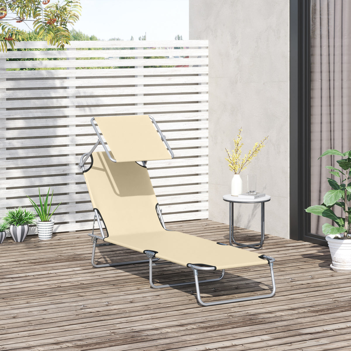 Folding Sun Lounger with Canopy, Reclining Sunbed with 4-Position Adjustable Backrest, 600D Oxford Cloth, Portable Garden Lounger Recliner Chair for Beach, Camping, Patio, Beige