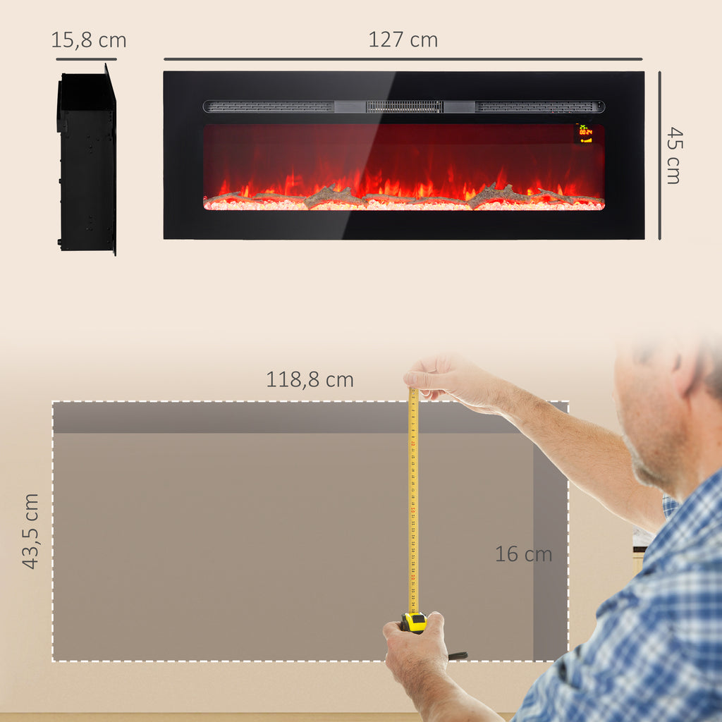 Elektrischer Kamin mit Wandhalterung und Fernbedienung, künstliche Holzscheite und Kristalle, 1800W Leistung, Schwarz