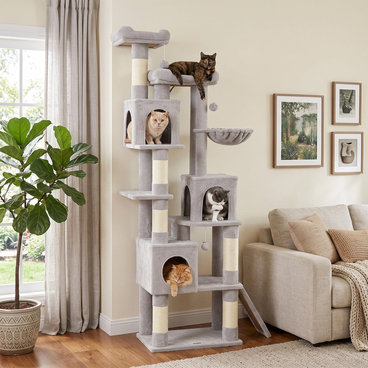Kratzbaum Große, 200 cm hoch Katzenbaum mit 2 Betten, 3 Höhlen, Hängematte, 3 Bällen für 1-3 Katzen unter 6 kg, Hellgrau