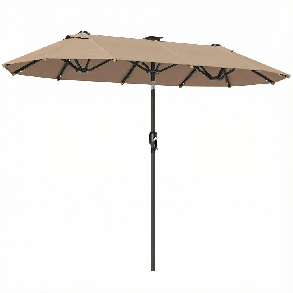 Doppelsonnenschirm 292 x 150 cm, Sonnenschirm mit mit LED-Beleuchtung Handkurbel, Knickfunktion Khaki