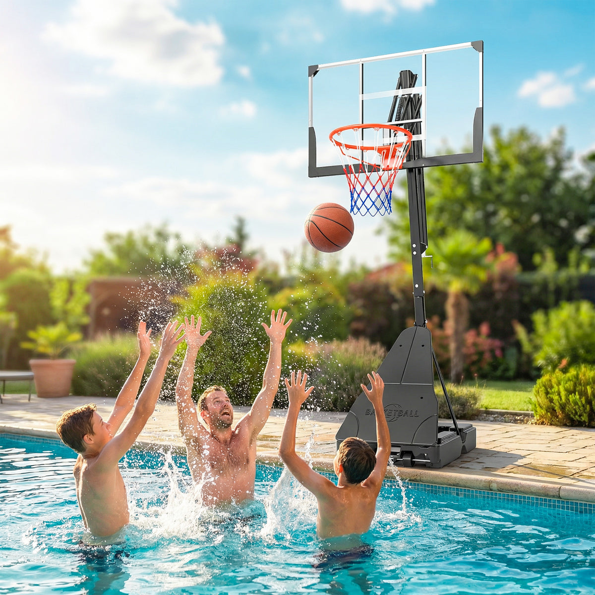 Mobiler Basketballkorb, höhenverstellbar von 2,45-3,05 m, bruchsicheres Backboard, Handkurbel-Höhenverstellung