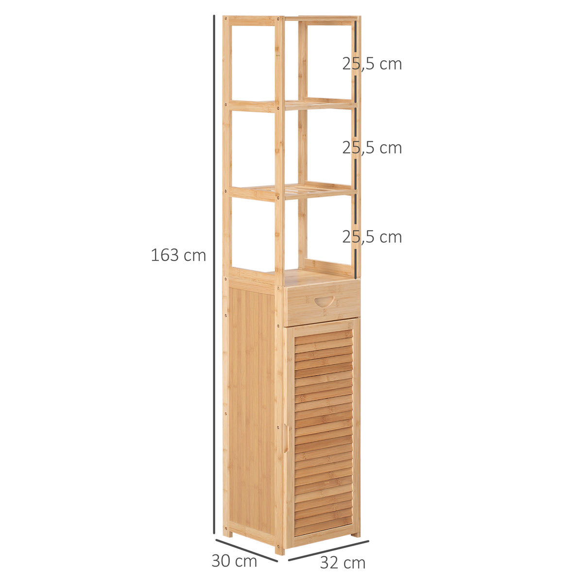 Badezimmerregal, 3 offene F?cher, Schublade, Lamellent¨¹r, Bambus, 32 x 30 x 163 cm