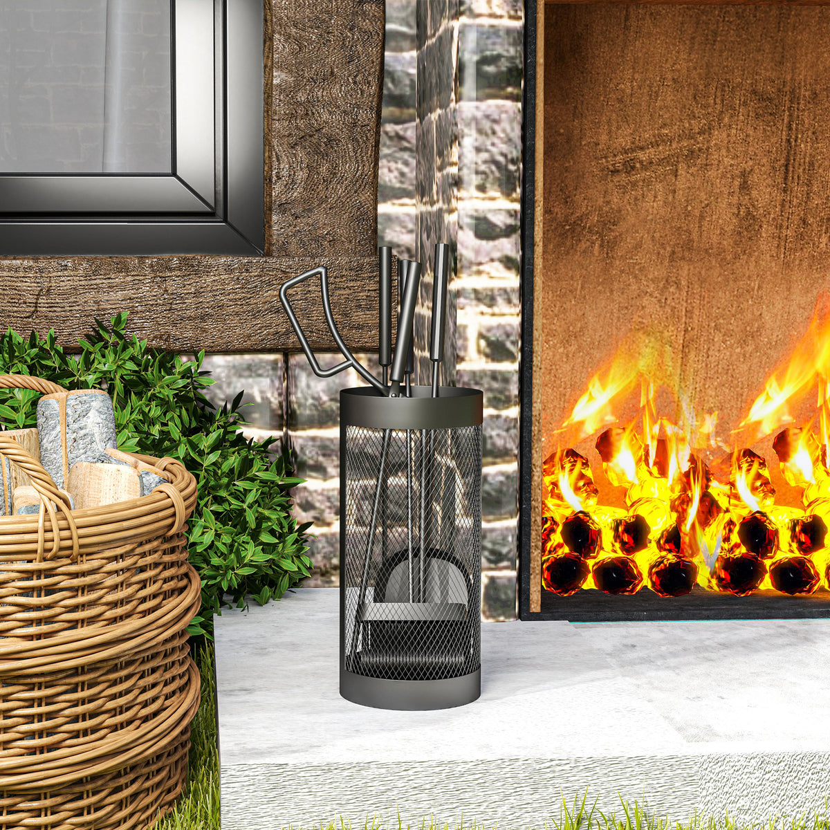 5-Piece Fireplace Tools Set with Mesh Basket, Indoor Outdoor Fireside Accessories for Fireplaces, Fire Pits, Black