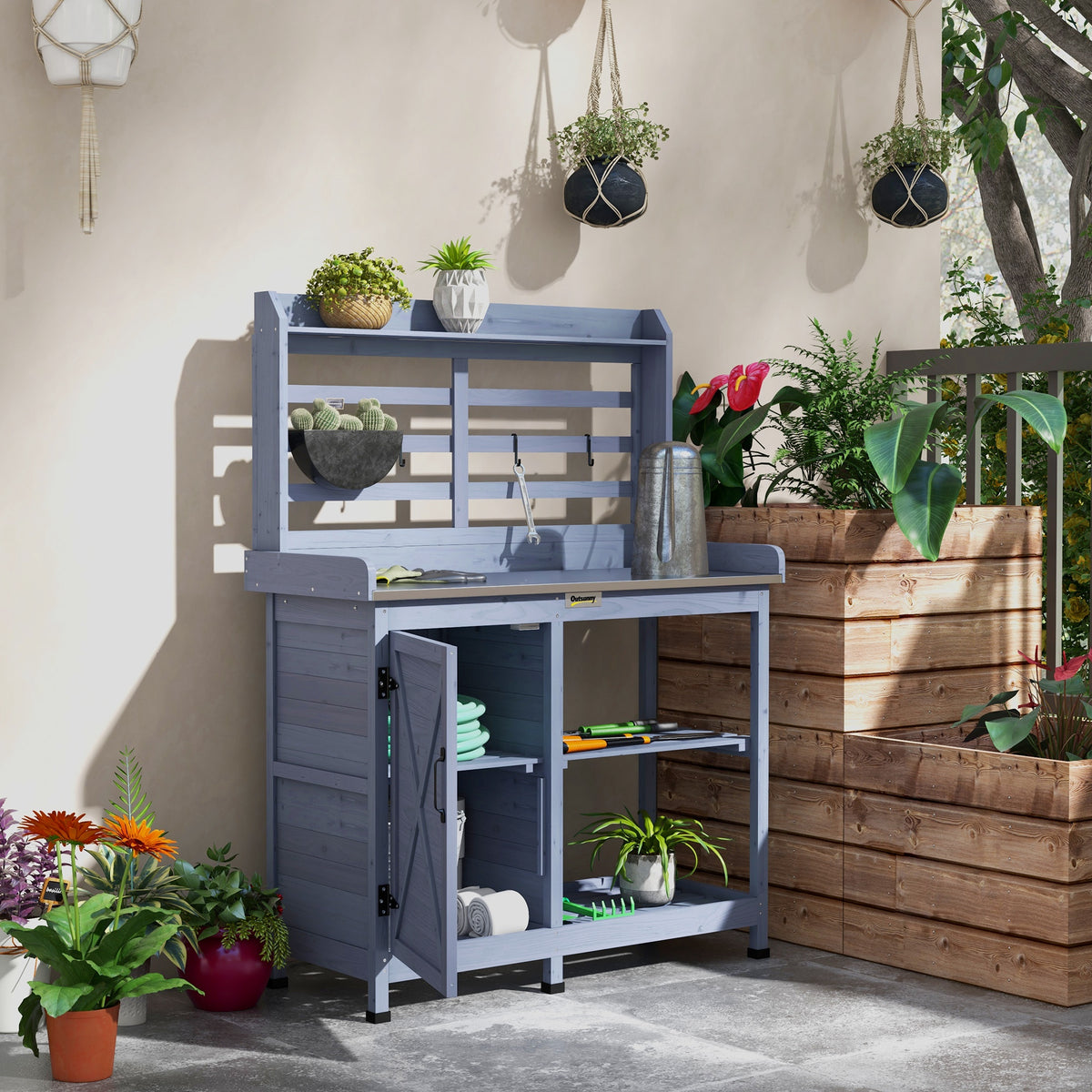 Gartentisch mit Schrankfach, Aluminium-Arbeitsfl?che, Stauraum, 112x47x146cm, Grau