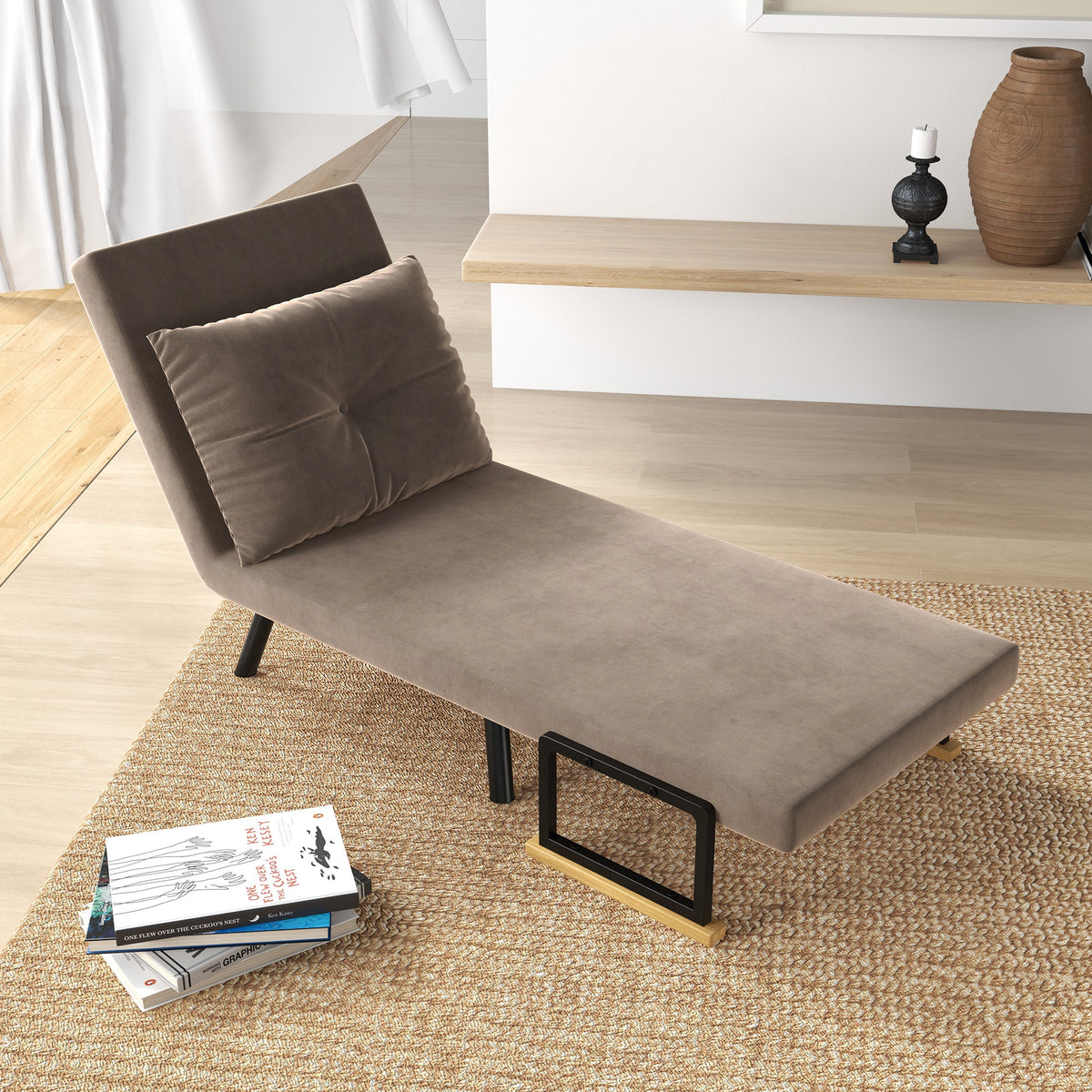 Schlafsessel, Gästebett, verstellbare Rückenlehne, bis 120 kg, Stahllrahmen, 63x73x81cm, Hellbraun