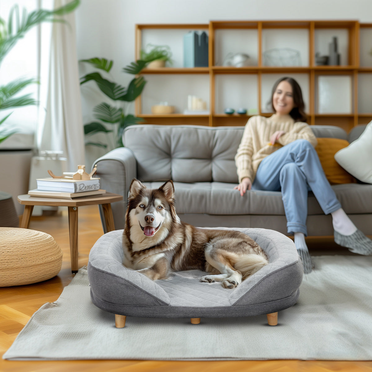 Hundebett für Hunde bis 25 kg, abnehmbarer Bezug, rutschfeste Füße, 90 x 78 x 25 cm, Grau