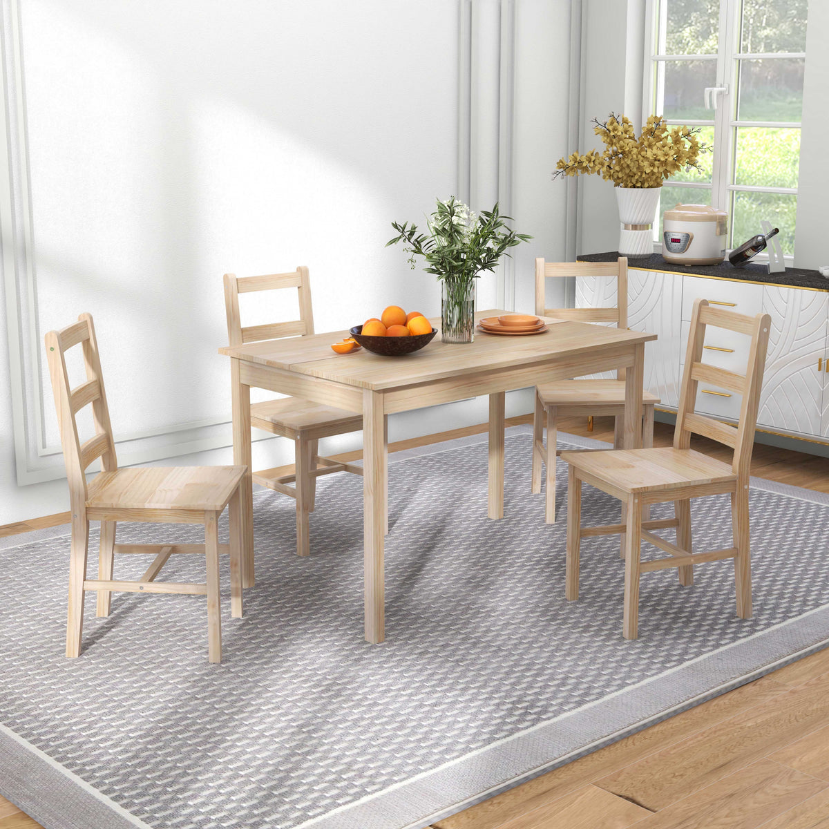 5-teilige Essgruppe Esstisch mit Stühlen Sitzgruppe, Massivholz, 118 cm x 73 cm x 75 cm, Natur