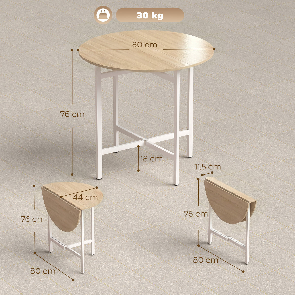 Klappbarer Esstisch, 80 cm Runder Klapptisch mit Stahlrahmen, Platz für 2-4 Personen, Naturholz-Optik