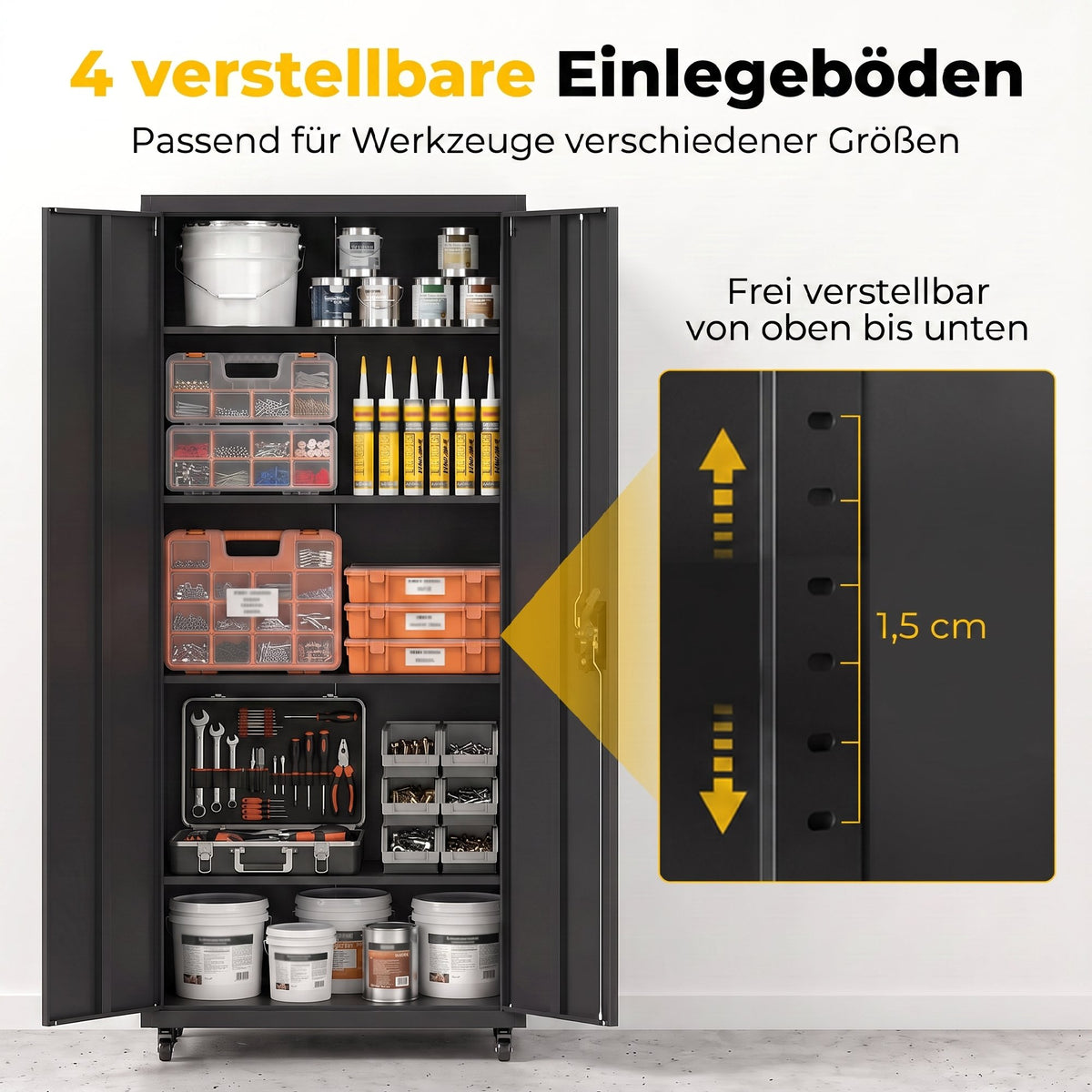 Metal Storage Cabinet, 180 cm Tall Lockable Steel Tool Cabinet with Removable Wheels and Adjustable Shelves, Black
