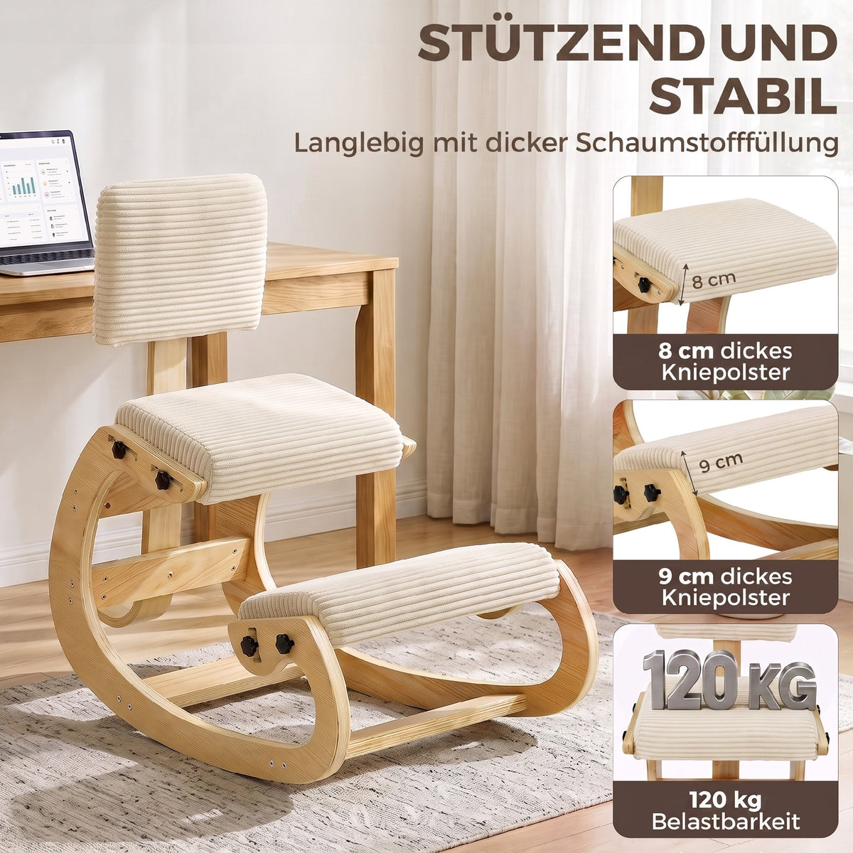 Ergonomischer Kniestuhl mit Rückenlehne, Cord-Optik, Cremeweiß