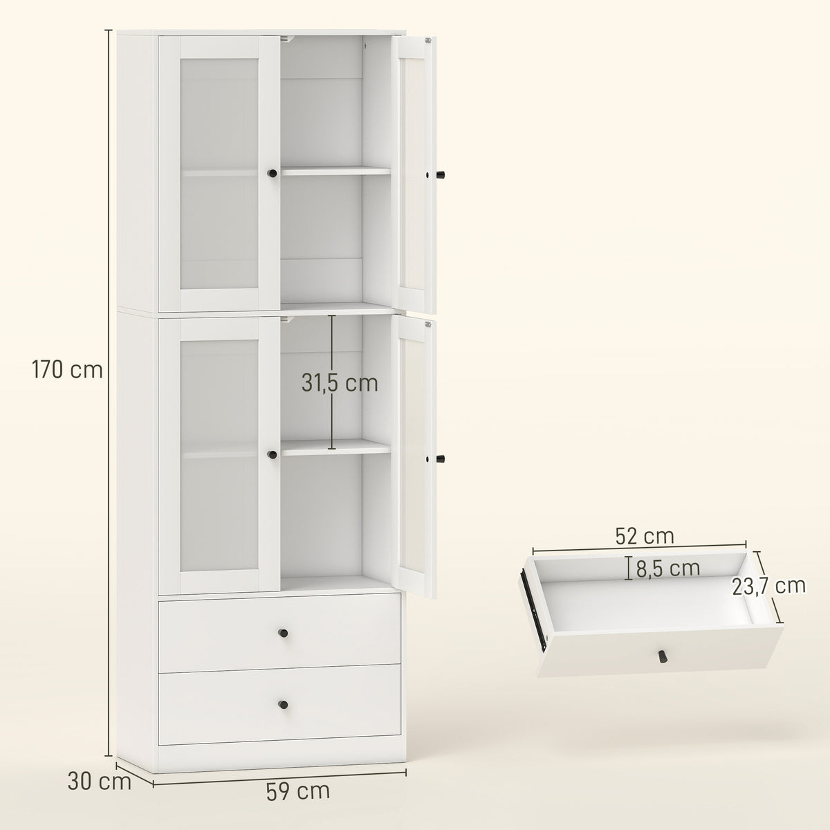 K¨¹chenschrank mit Schubladen und Glast¨¹ren, Melamin-Oberfl?che, Wei?