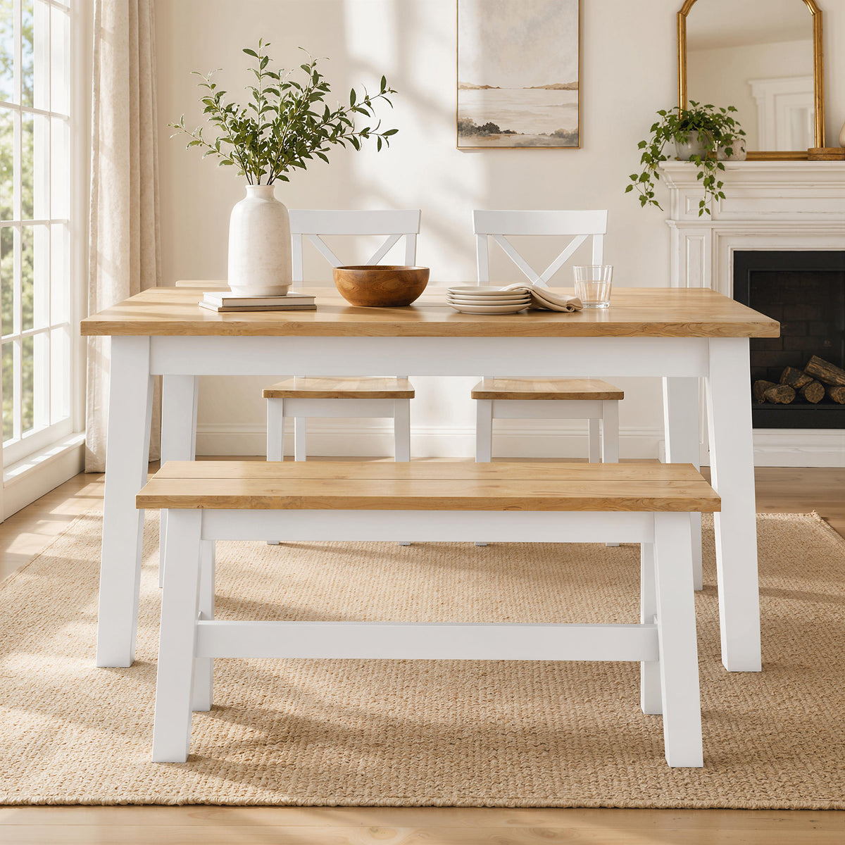 Sitzbank für 2, Holzbank in Eichenoptik, stabilisierende Querstange, für Wohnzimmer, Esszimmer, Flur, Kautschukholz, Weiß
