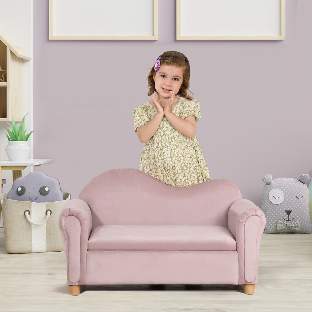 Kindersofa, Zweisitzer f¨¹r Kinder 3-5 Jahre, Stauraum, Naturholzrahmen, 84 x 41,5 x 48,5cm, rosa