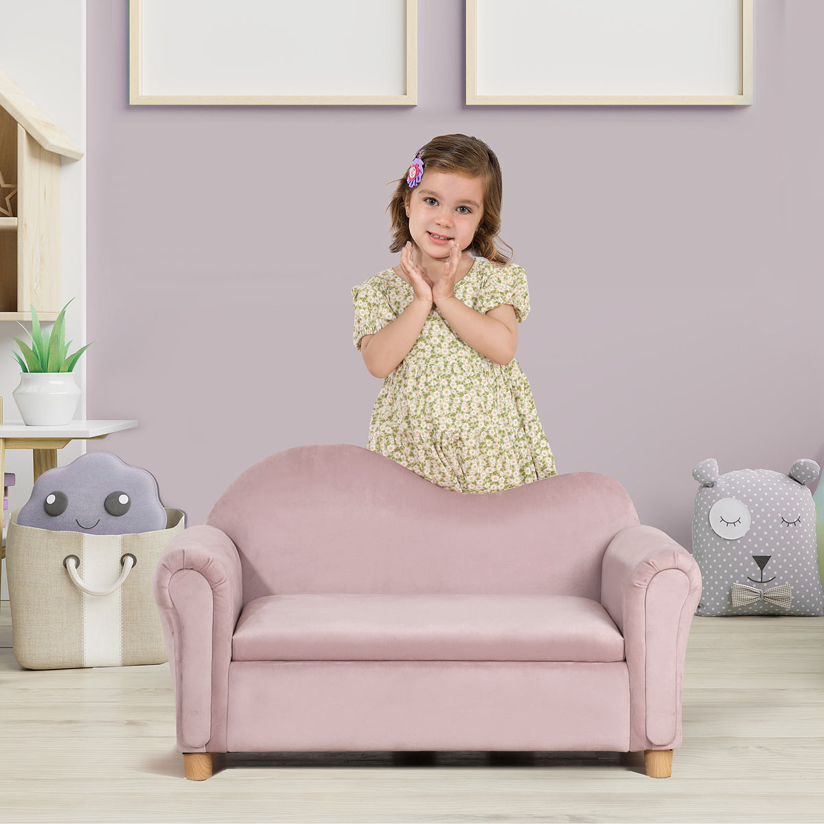 Kindersofa, Zweisitzer f¨¹r Kinder 3-5 Jahre, Stauraum, Naturholzrahmen, 84 x 41,5 x 48,5cm, rosa