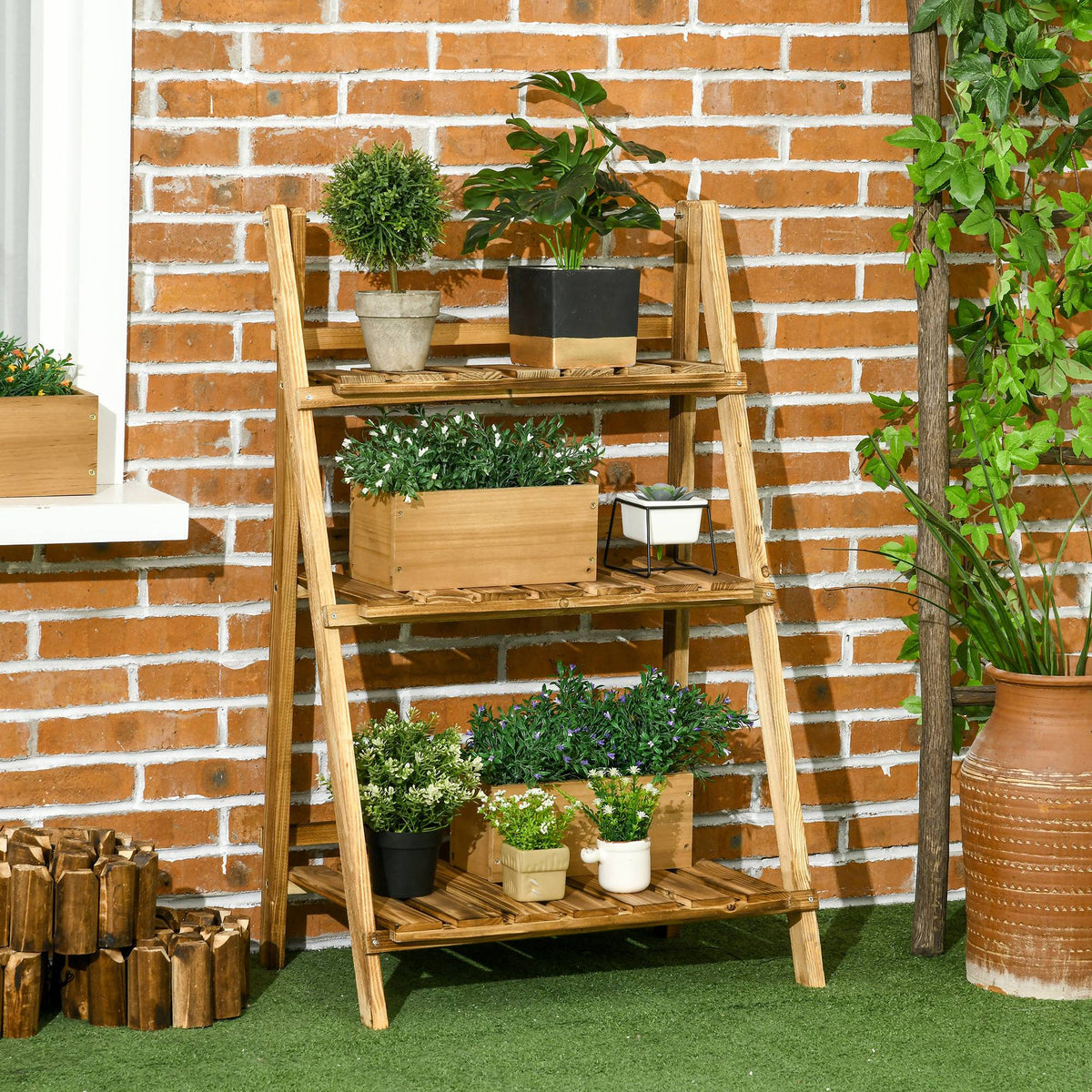 Wooden Folding Flower Pot Stand 3 Tier Garden Planter Display Ladder Gardener Storage Shelves Rack Herb Holder (60L x 37W x 93H cm)